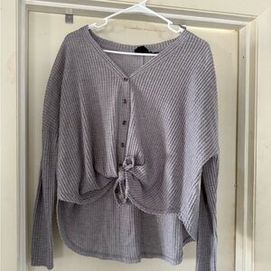 Gray Ribbed Button-Up Sweater